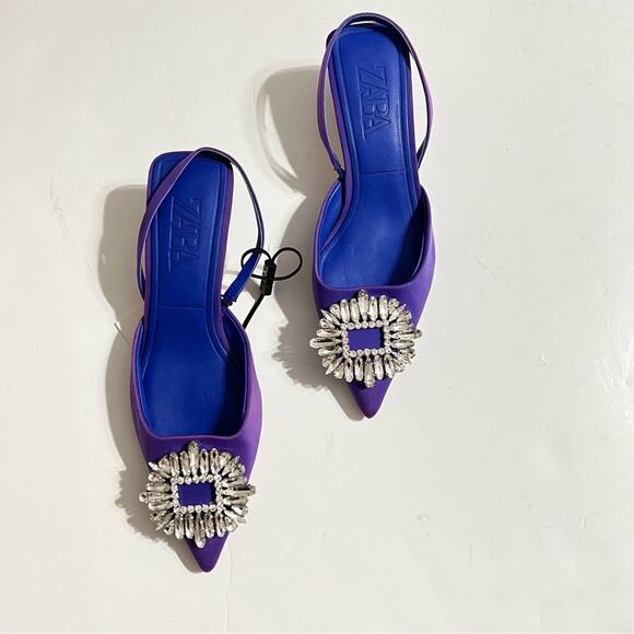 Zara Blue SHIMMERY MID-HEEL SLINGBACK SHOES Size 5 - Picture 9 of 13